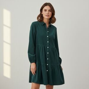 J Crew Factory Tiered Corduroy Dress Green Long Sleeve Mini Mod Button Front 6
